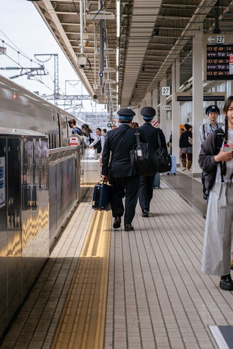 Train conductors walk along a platform